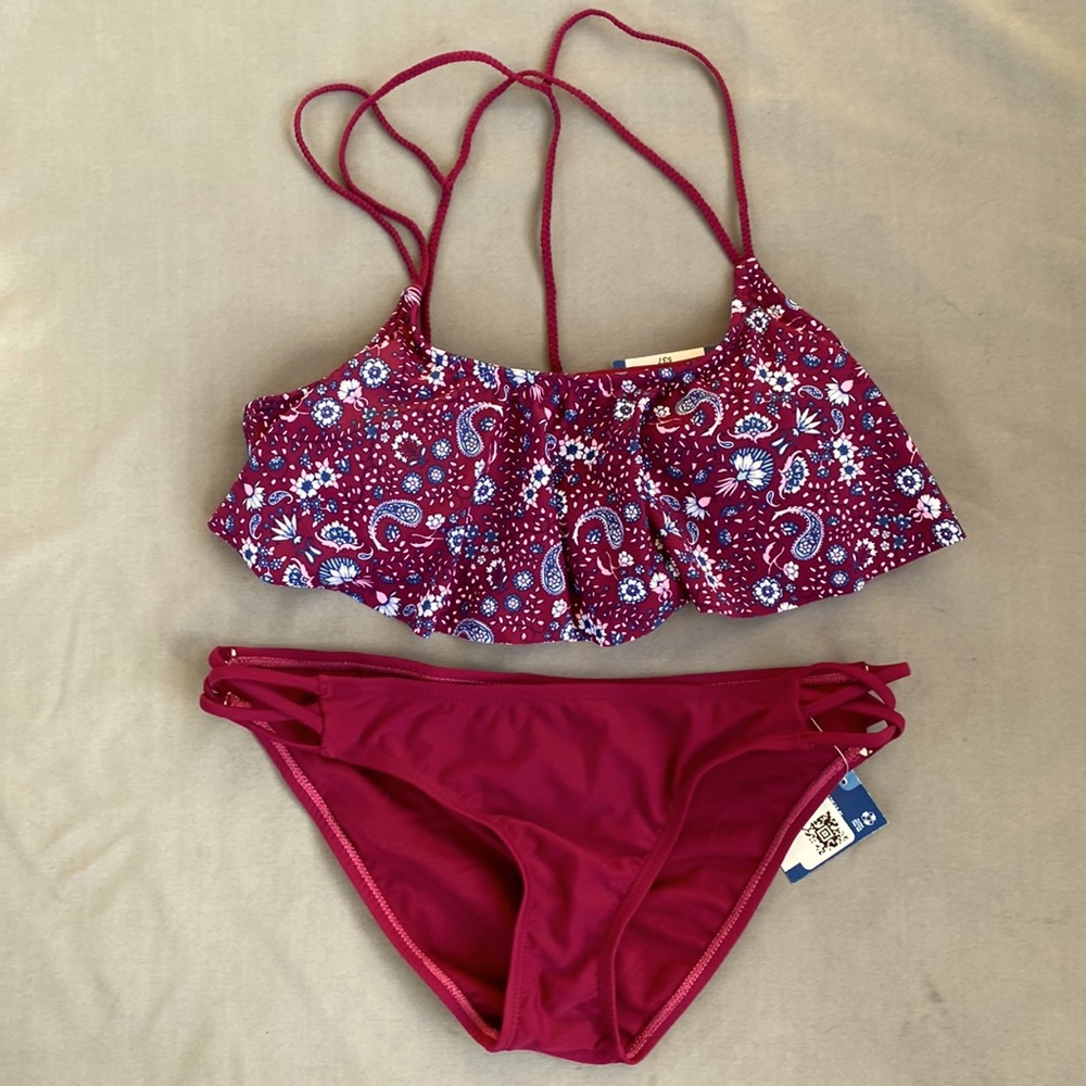 Size Medium, purple floral print, Arizona Jean Co. Two piece swimsuit.